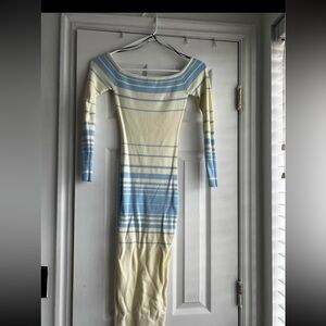 Fashion Nova Blue and Cream Striped Long Sleeve Dress